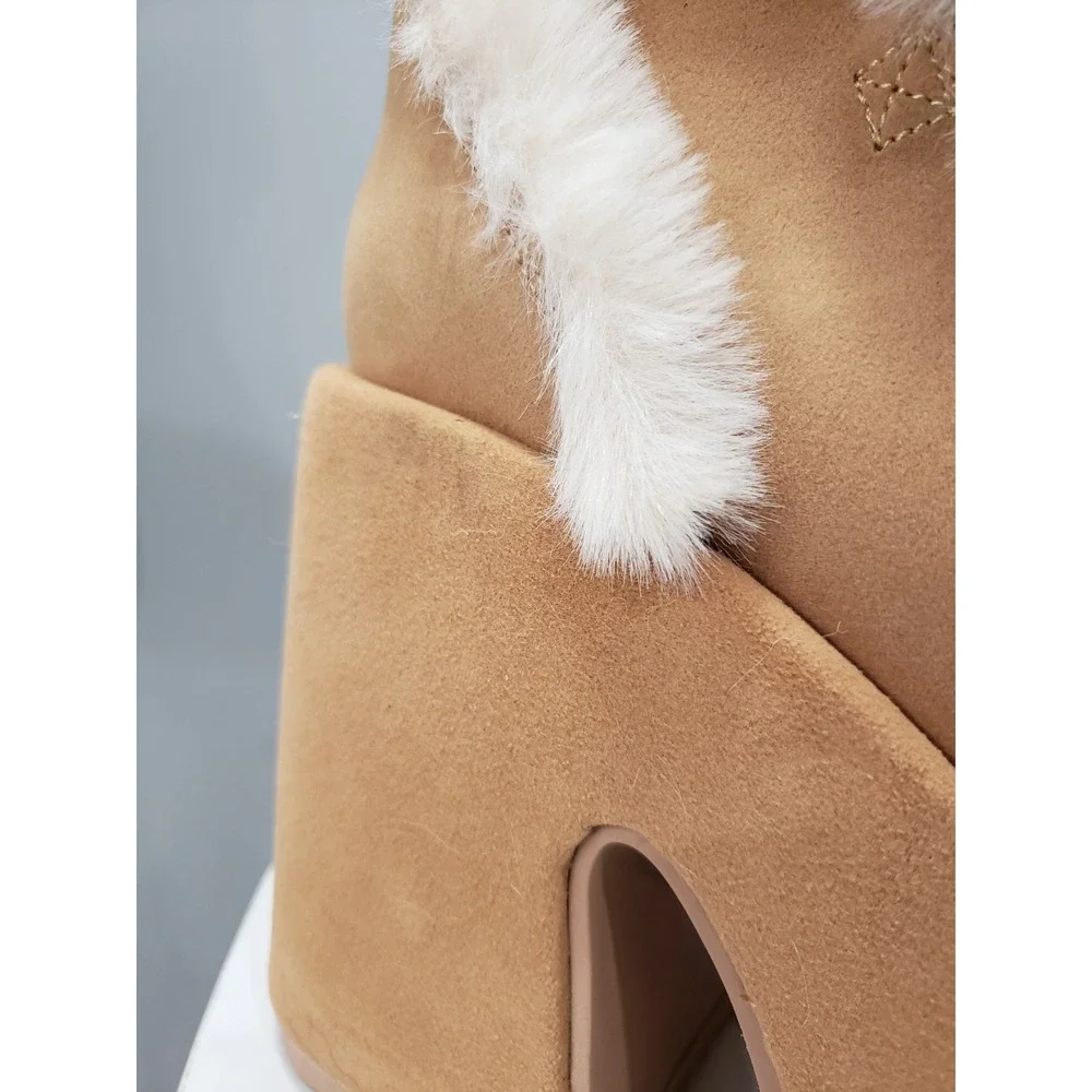 SIZE 8 DEMONIA CUBBY 311 Camel Platform Lace Up Fur Trim Mid Calf Boots RAVE